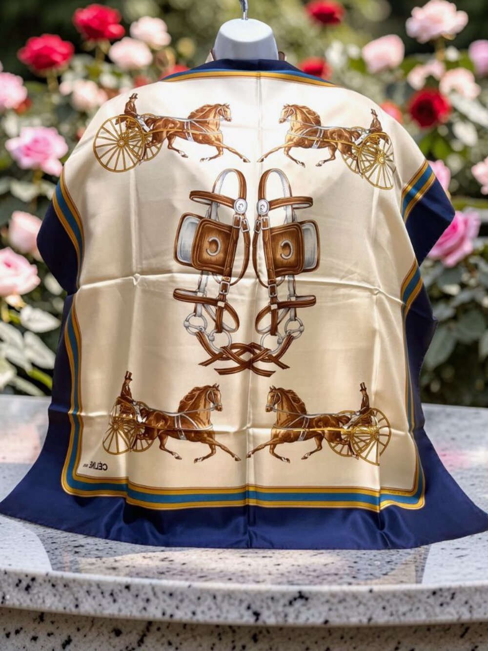 Beautiful  CELINE Paris 100% SilkScarf 34" Chateau du Bouchet Horse Carriage (37